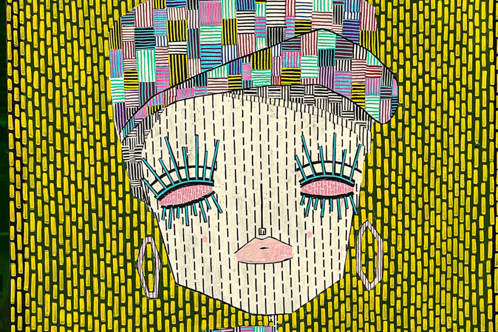 Colourful abstract portrait with pink-lidded eyes, geometric hat and earrings, on a textured green background.