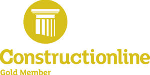 Yellow logo of Constructionline Gold Member with a stylized column icon.