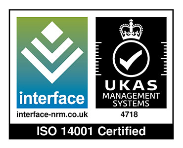 ISO 14001 Certified badge with logos of Interface NRM and UKAS Management Systems, certification no. 4718.