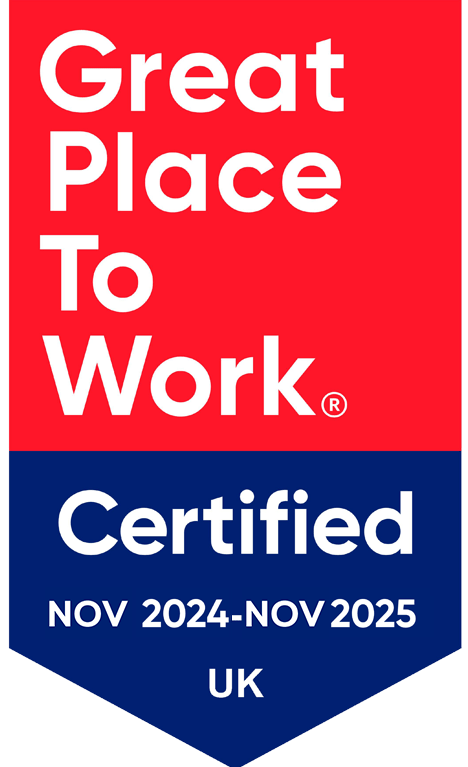 Great Place to Work Certified UK badge for Nov 2024 to Nov 2025 with red and blue colour scheme.
