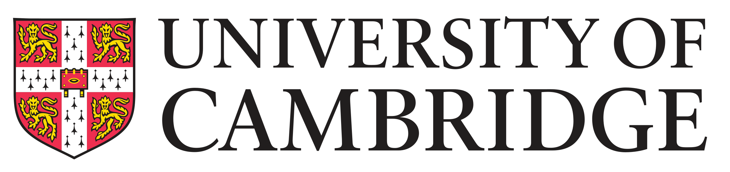 University of Cambridge logo with crest featuring lions and ermine pattern, in elegant black serif font.