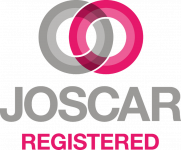 Interlocking gray and pink circles above “JOSCAR REGISTERED” in bold gray and pink text.